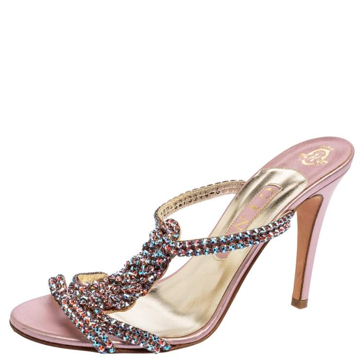 Pre Owned Gina Pink Leather Crystal Embellished Sandals Size 39 