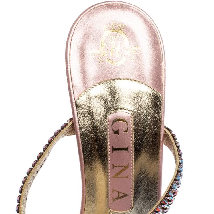 Pre Owned Gina Pink Leather Crystal Embellished Sandals Size 39 