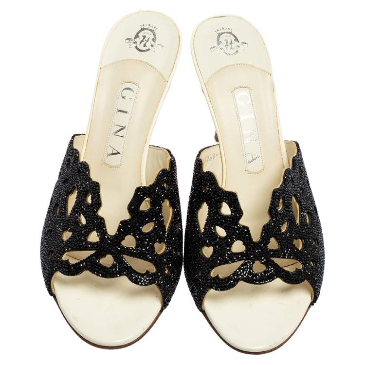 Pre Owned Gina Black/White Patent Leather Crystal Embellished Slide Sandals Size 38