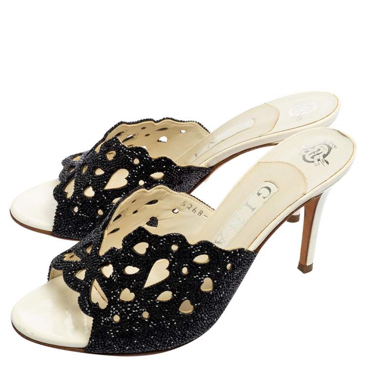 Pre Owned Gina Black/White Patent Leather Crystal Embellished Slide Sandals Size 38