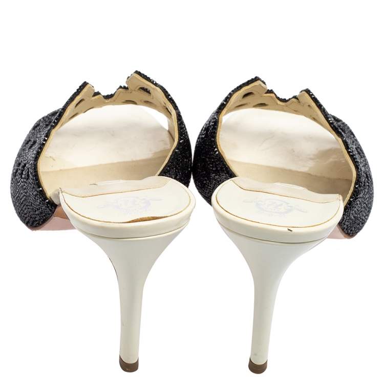 Pre Owned Gina Black/White Patent Leather Crystal Embellished Slide Sandals Size 38