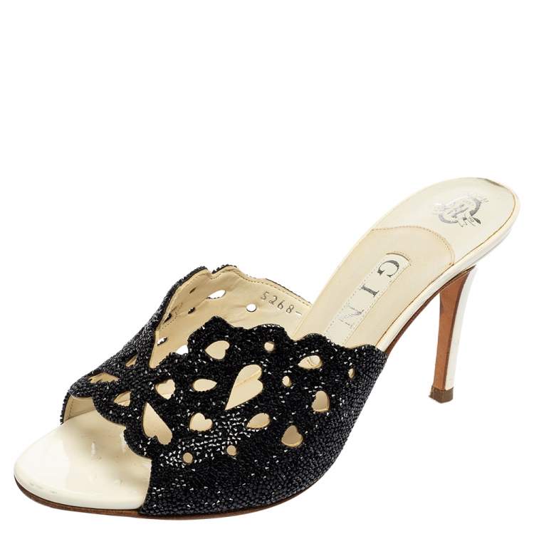 Pre Owned Gina Black/White Patent Leather Crystal Embellished Slide Sandals Size 38