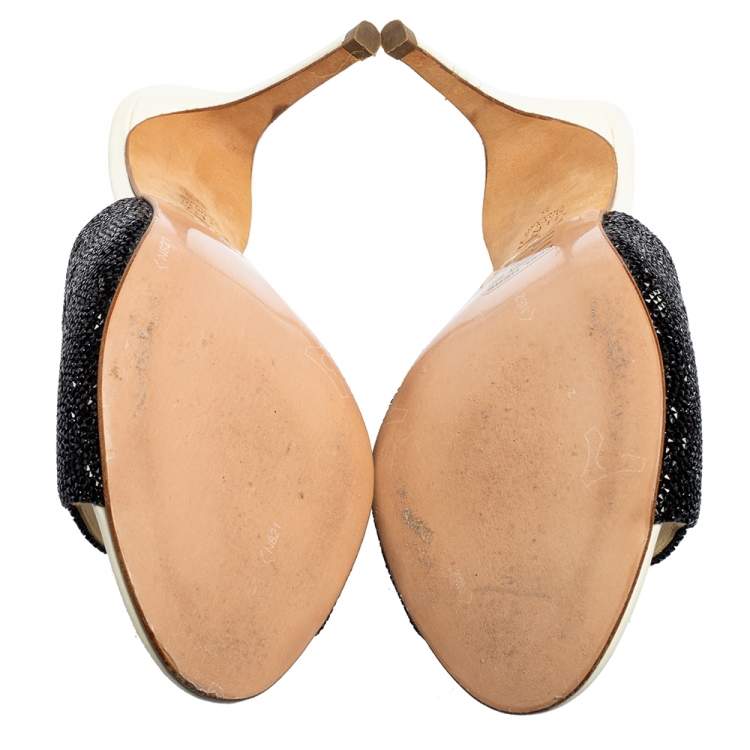 Pre Owned Gina Black/White Patent Leather Crystal Embellished Slide Sandals Size 38