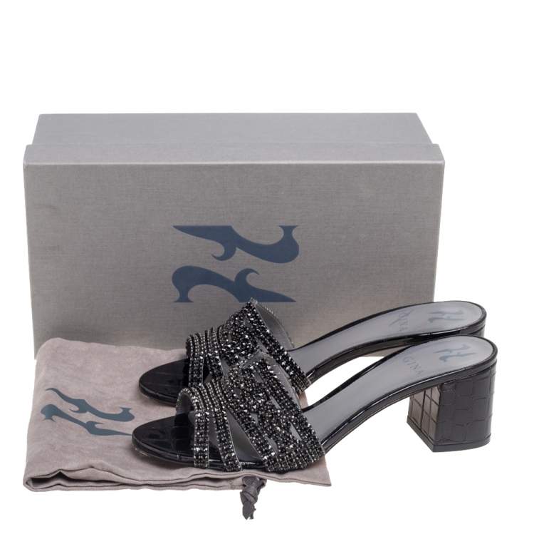 Pre Owned Gina Black Croc Embossed Leather Crystal Embellished  Loren Slide Sandals Size 39.5
