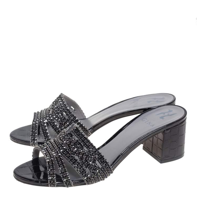 Pre Owned Gina Black Croc Embossed Leather Crystal Embellished  Loren Slide Sandals Size 39.5