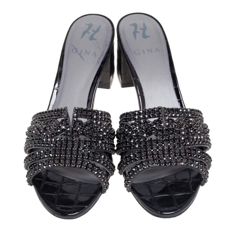 Pre Owned Gina Black Croc Embossed Leather Crystal Embellished  Loren Slide Sandals Size 39.5