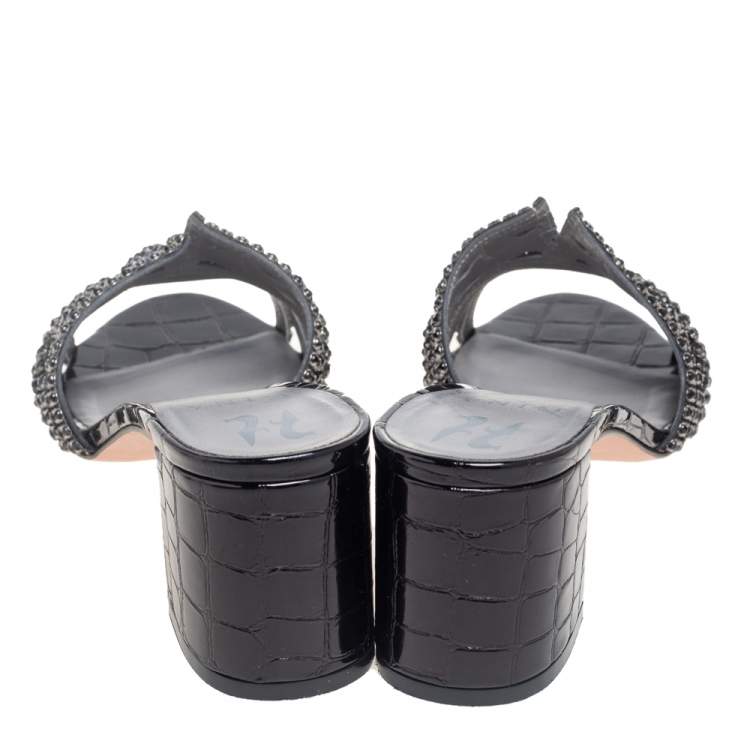 Pre Owned Gina Black Croc Embossed Leather Crystal Embellished  Loren Slide Sandals Size 39.5