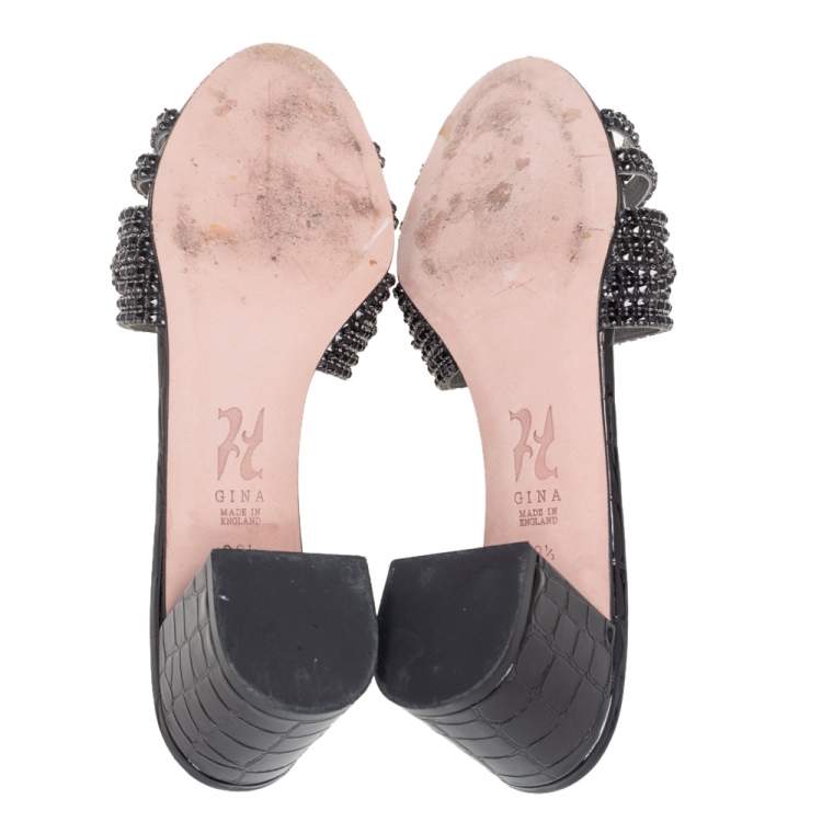 Pre Owned Gina Black Croc Embossed Leather Crystal Embellished  Loren Slide Sandals Size 39.5