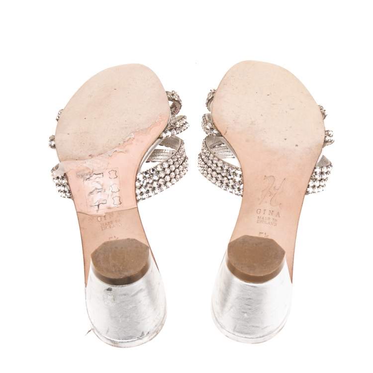 Pre Owned Gina Silver Leather Crystal Embellished  Loren Slide Sandals Size 38.5