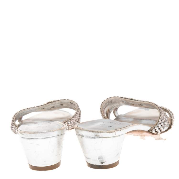 Pre Owned Gina Silver Leather Crystal Embellished  Loren Slide Sandals Size 38.5