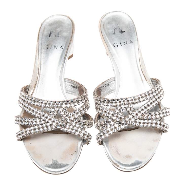Pre Owned Gina Silver Leather Crystal Embellished  Loren Slide Sandals Size 38.5