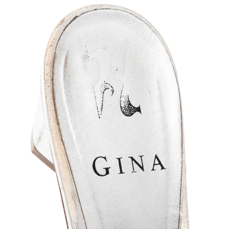 Pre Owned Gina Silver Leather Crystal Embellished  Loren Slide Sandals Size 38.5