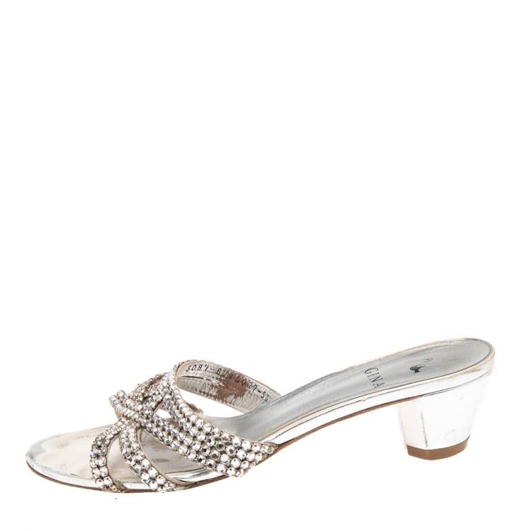 Pre Owned Gina Silver Leather Crystal Embellished  Loren Slide Sandals Size 38.5