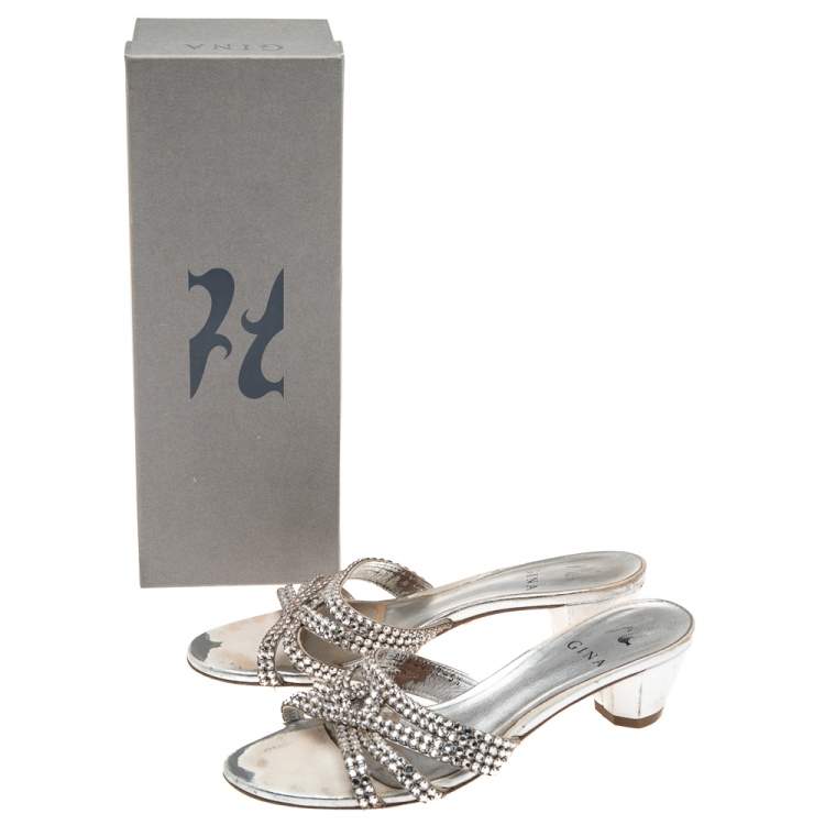 Pre Owned Gina Silver Leather Crystal Embellished  Loren Slide Sandals Size 38.5