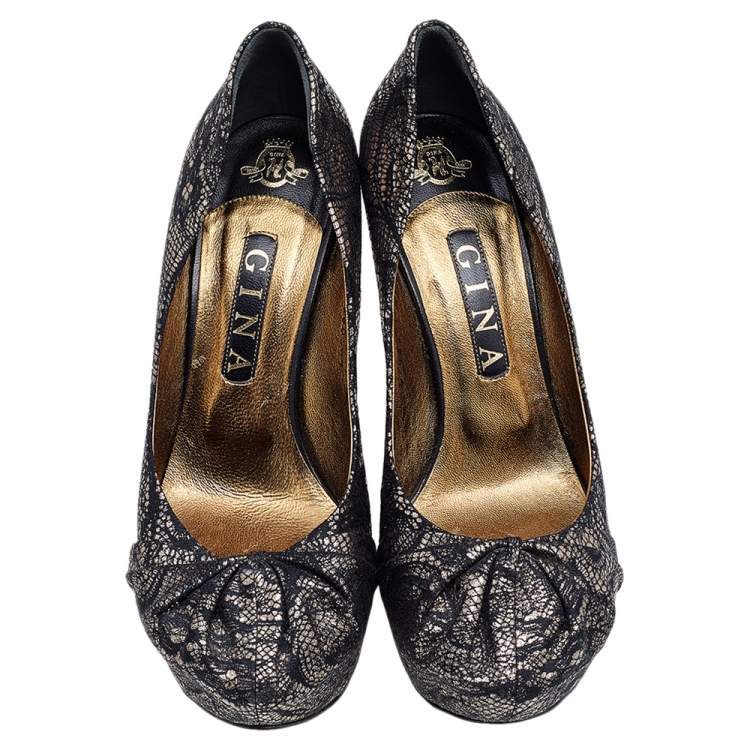 Pre Owned Gina Black/Gold Lace and Leather Platform Pumps Size 40