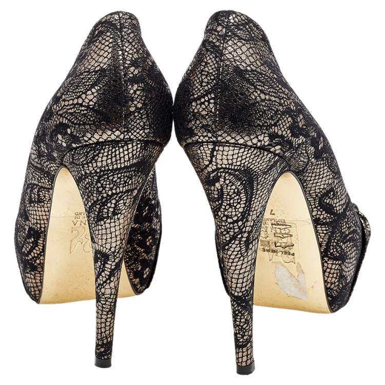 Pre Owned Gina Black/Gold Lace and Leather Platform Pumps Size 40