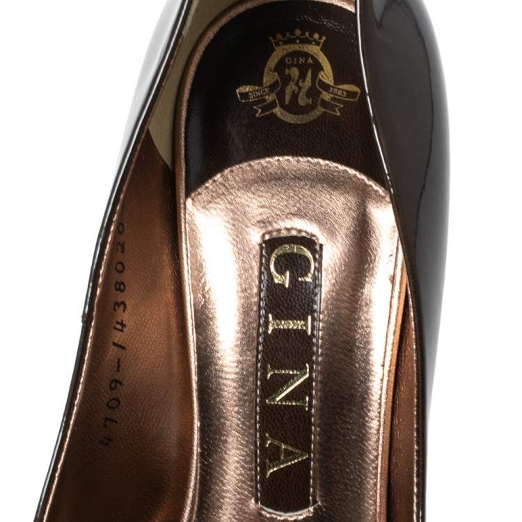 Pre Owned Gina Dark Brown Patent Leather Open-Toe Platform Pumps Size 37.5