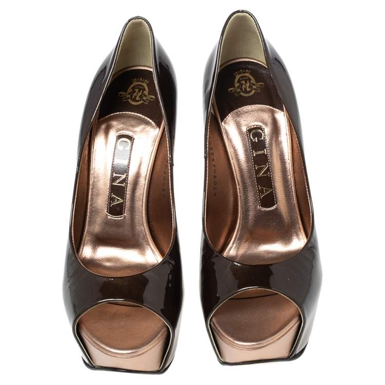Pre Owned Gina Dark Brown Patent Leather Open-Toe Platform Pumps Size 37.5