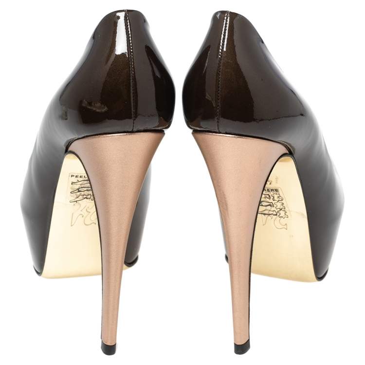 Pre Owned Gina Dark Brown Patent Leather Open-Toe Platform Pumps Size 37.5