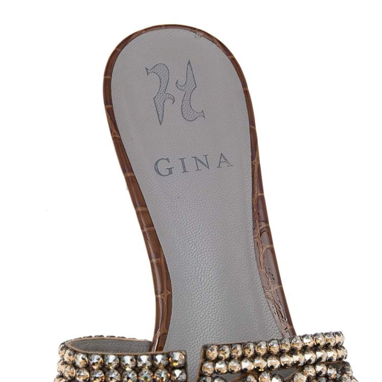 Pre Owned Gina Brown Crystal Embellished Croc Embossed Patent Leather Block Heel Slides Size 38.5