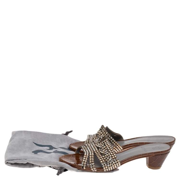 Pre Owned Gina Brown Crystal Embellished Croc Embossed Patent Leather Block Heel Slides Size 38.5