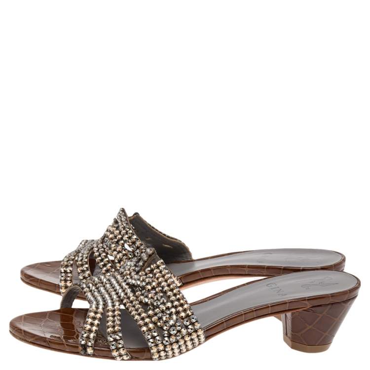 Pre Owned Gina Brown Crystal Embellished Croc Embossed Patent Leather Block Heel Slides Size 38.5