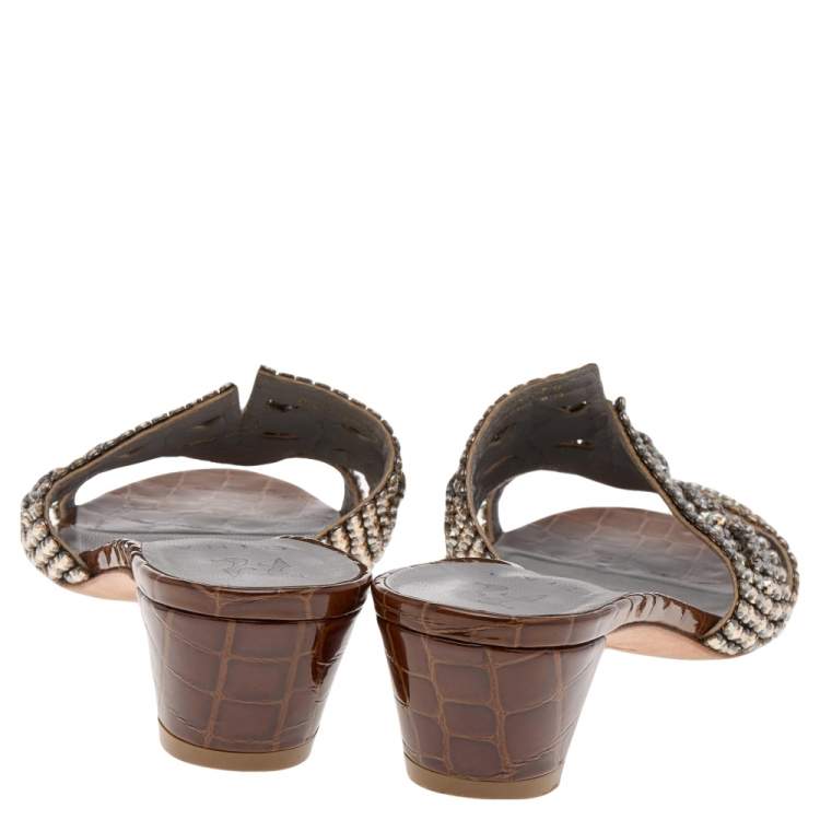 Pre Owned Gina Brown Crystal Embellished Croc Embossed Patent Leather Block Heel Slides Size 38.5
