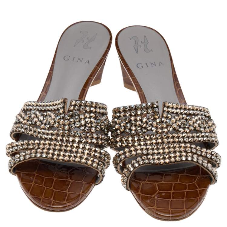 Pre Owned Gina Brown Crystal Embellished Croc Embossed Patent Leather Block Heel Slides Size 38.5