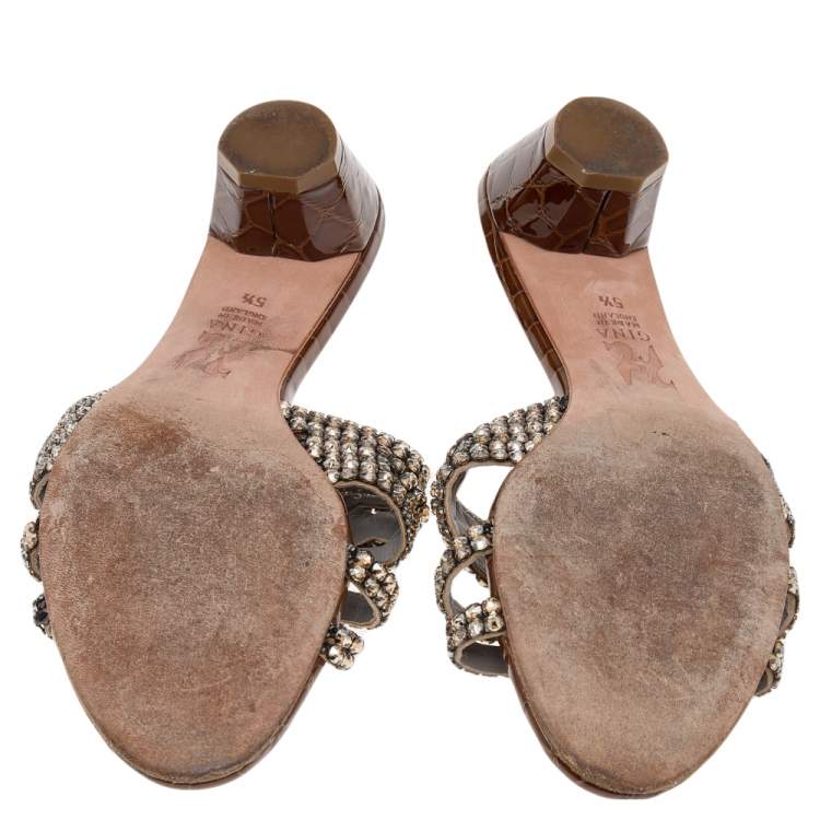 Pre Owned Gina Brown Crystal Embellished Croc Embossed Patent Leather Block Heel Slides Size 38.5
