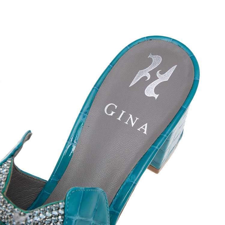Pre Owned Gina Blue Crystal Embellished Croc Embossed Patent Leather Block Heel Slides Size 38.5
