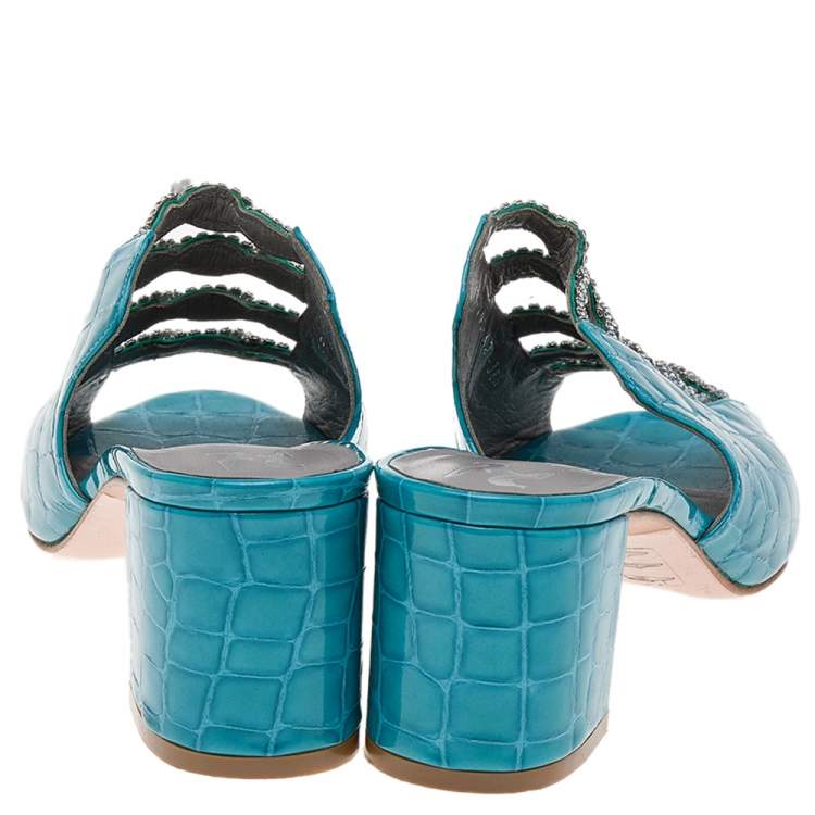 Pre Owned Gina Blue Crystal Embellished Croc Embossed Patent Leather Block Heel Slides Size 38.5