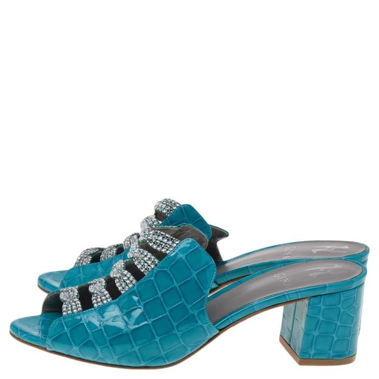 Pre Owned Gina Blue Crystal Embellished Croc Embossed Patent Leather Block Heel Slides Size 38.5