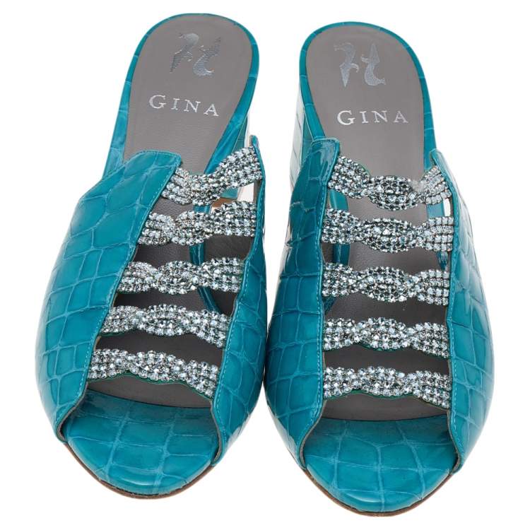 Pre Owned Gina Blue Crystal Embellished Croc Embossed Patent Leather Block Heel Slides Size 38.5