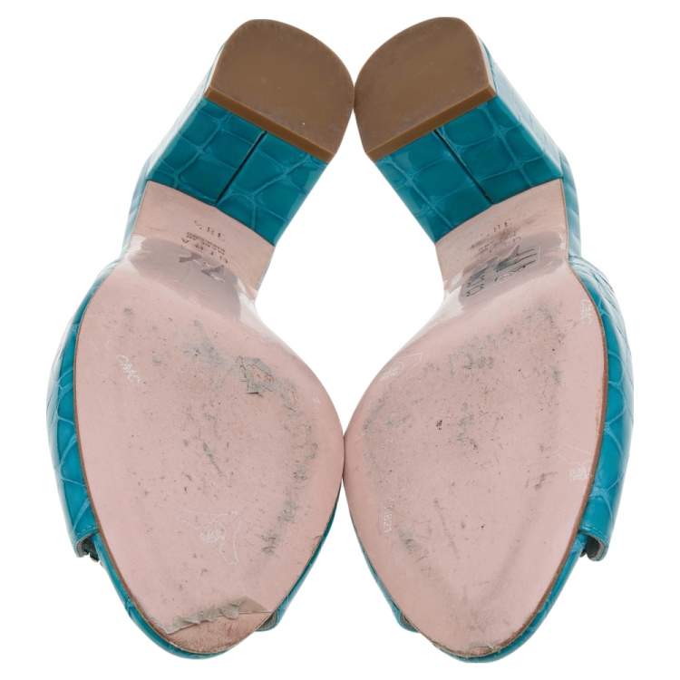 Pre Owned Gina Blue Crystal Embellished Croc Embossed Patent Leather Block Heel Slides Size 38.5