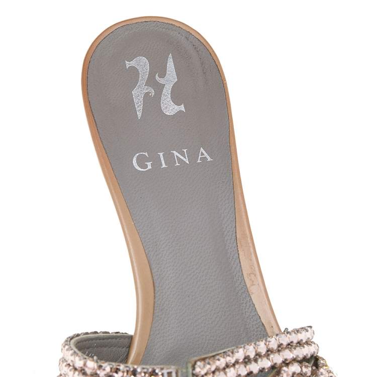 Pre Owned Gina Beige Crystal Embellished Patent Leather Slide Sandals Size 38.5