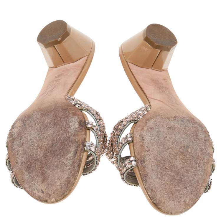 Pre Owned Gina Beige Crystal Embellished Patent Leather Slide Sandals Size 38.5