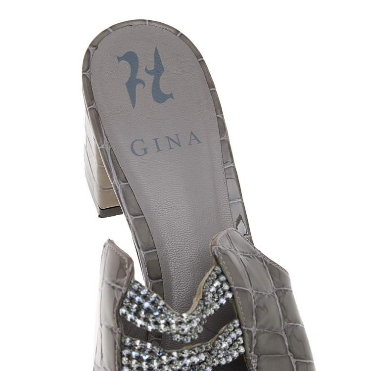 Pre Owned Gina Grey Croc Embossed Patent Leather Crystal Block Heel Sandals Size 38.5
