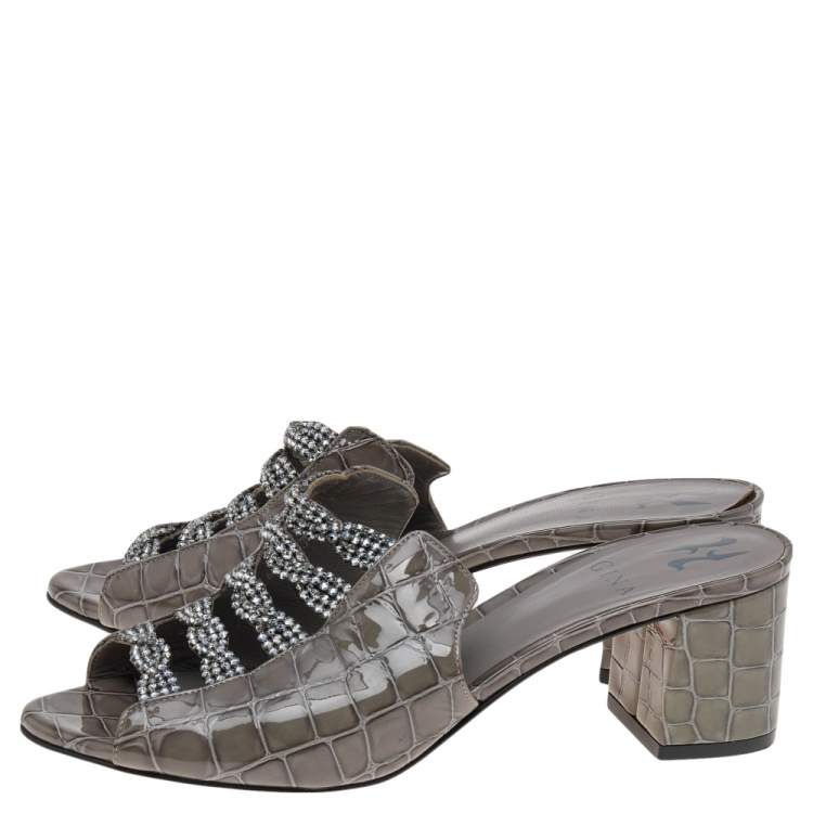 Pre Owned Gina Grey Croc Embossed Patent Leather Crystal Block Heel Sandals Size 38.5