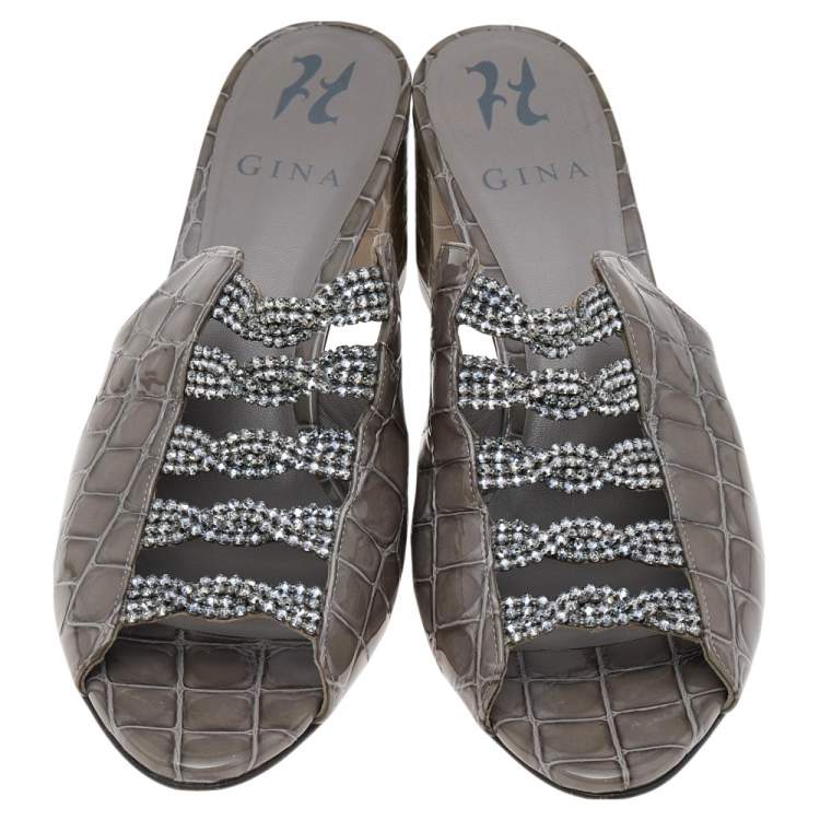 Pre Owned Gina Grey Croc Embossed Patent Leather Crystal Block Heel Sandals Size 38.5