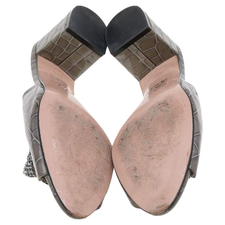 Pre Owned Gina Grey Croc Embossed Patent Leather Crystal Block Heel Sandals Size 38.5