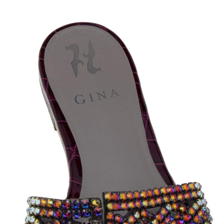 مملوكة مسبقًا Gina Burgundy Crystal Embellished Croc Embossed Patent Leather Slide Flats Size 40