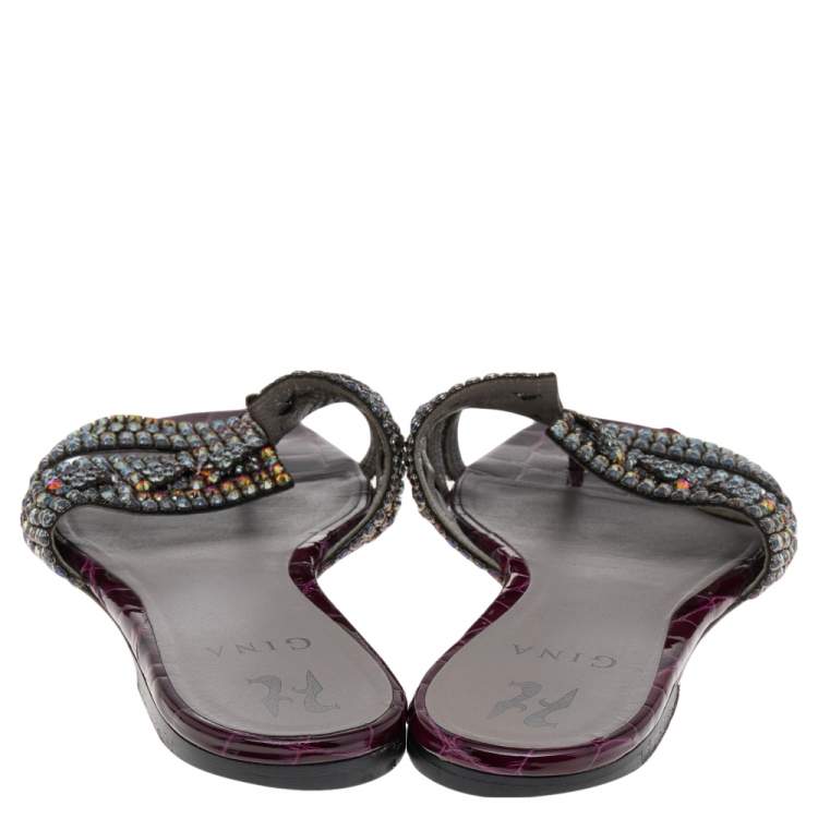 مملوكة مسبقًا Gina Burgundy Crystal Embellished Croc Embossed Patent Leather Slide Flats Size 40