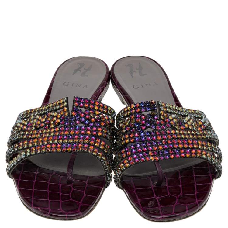 مملوكة مسبقًا Gina Burgundy Crystal Embellished Croc Embossed Patent Leather Slide Flats Size 40