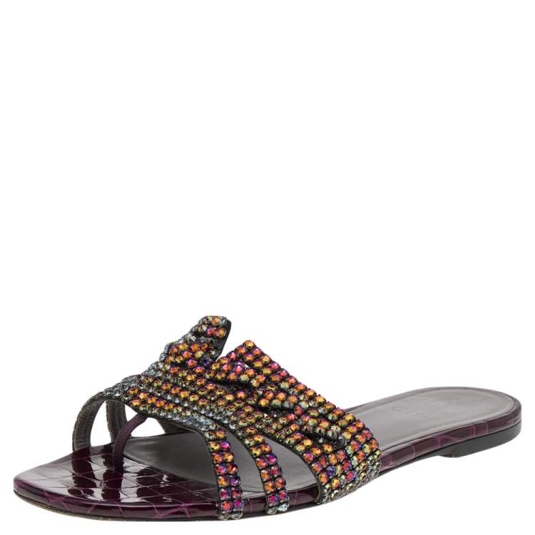 مملوكة مسبقًا Gina Burgundy Crystal Embellished Croc Embossed Patent Leather Slide Flats Size 40