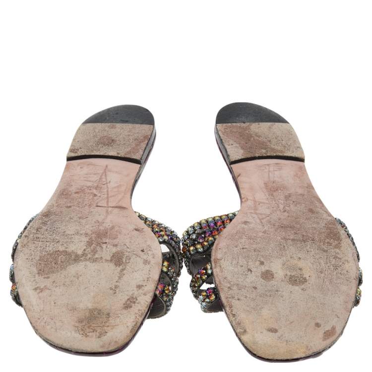 مملوكة مسبقًا Gina Burgundy Crystal Embellished Croc Embossed Patent Leather Slide Flats Size 40