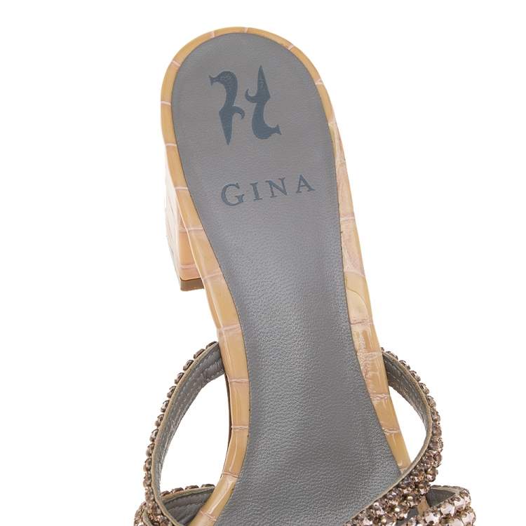 Pre Owned Gina Beige Croc Embossed Patent Leather Dexie Block Heel Slide Sandals Size 40