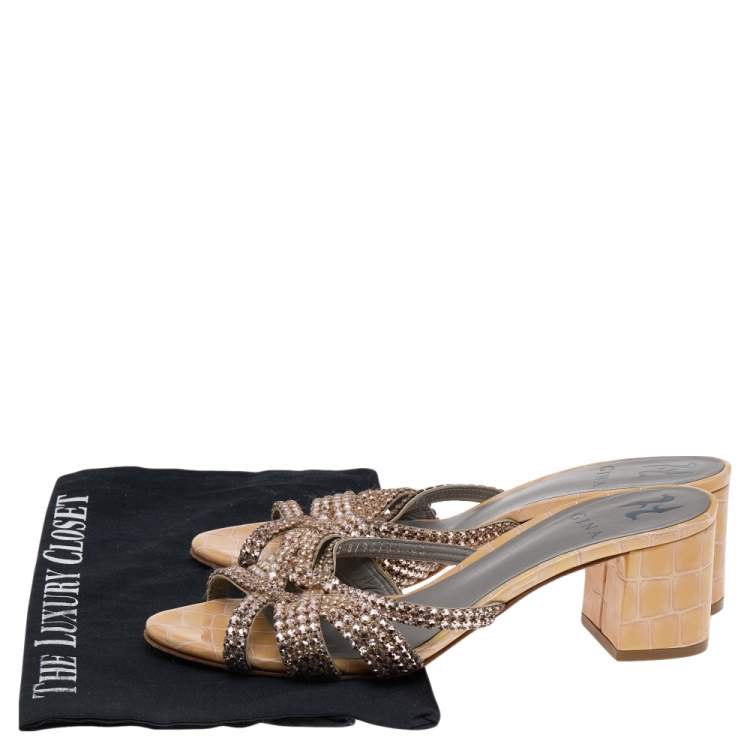 Pre Owned Gina Beige Croc Embossed Patent Leather Dexie Block Heel Slide Sandals Size 40