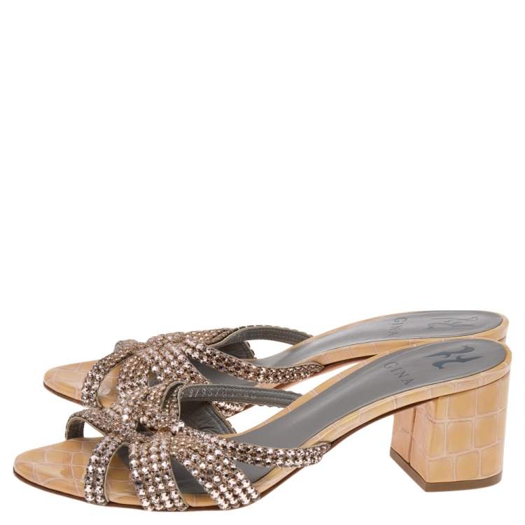 Pre Owned Gina Beige Croc Embossed Patent Leather Dexie Block Heel Slide Sandals Size 40