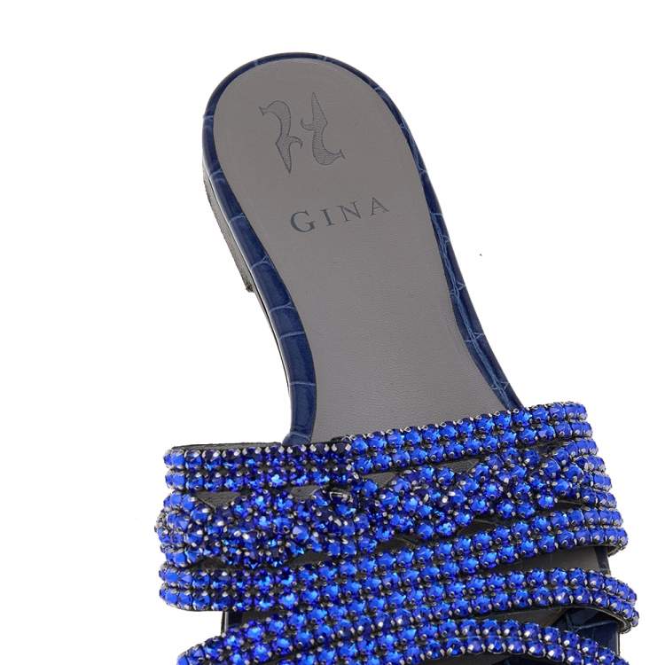 Pre Owned Gina Blue Embossed Leather Crystal Embellished Slide Sandals Size 40
