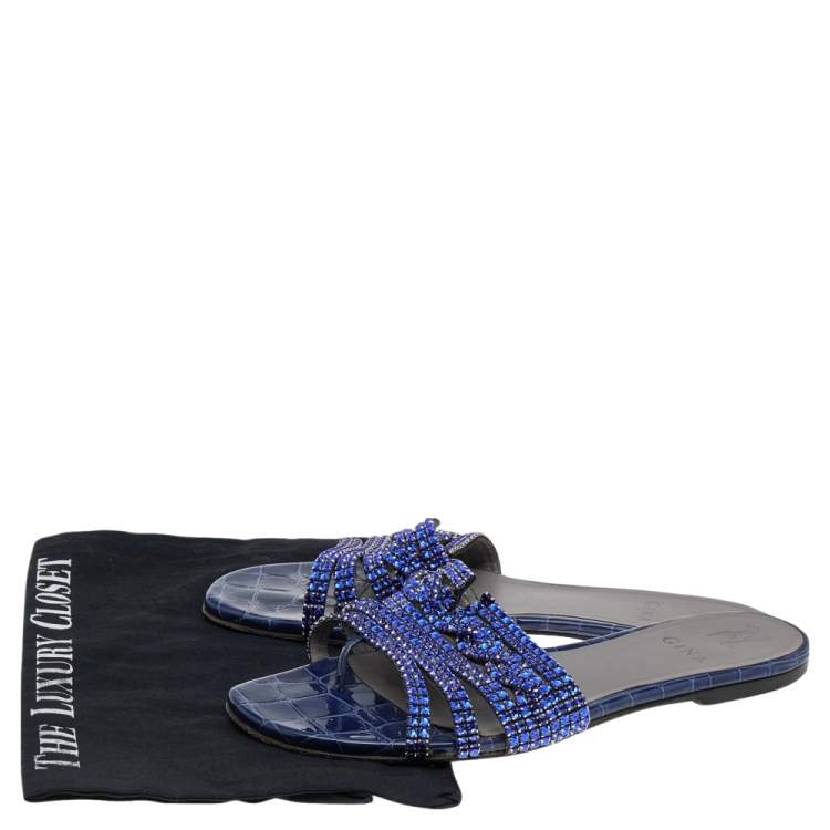 Pre Owned Gina Blue Embossed Leather Crystal Embellished Slide Sandals Size 40
